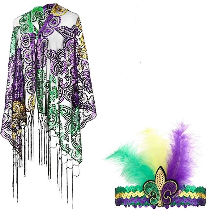 Mardi Gras fleur de lis sequin headband and shawl  Purple Green Gold  Masquerade Ball Costume Parade New Orleans