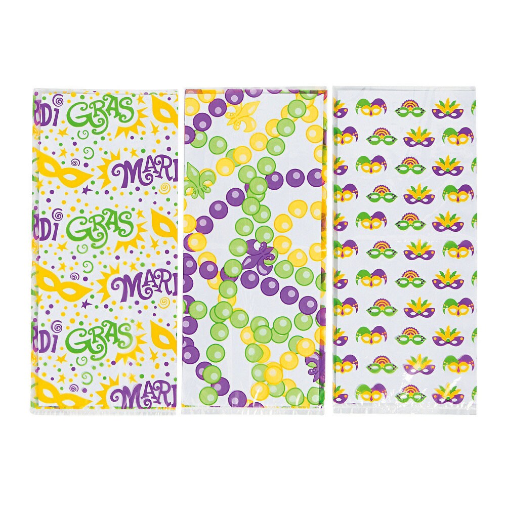 CHOOSE FROM 3 STYLES! 11" Mardi Gras Assorted Cellophane Favor Bags (12) fleur de lis beads mask