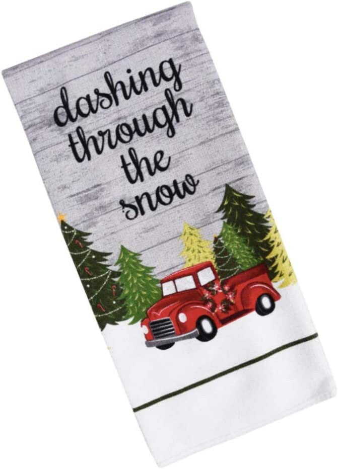 Christmas Dashing Through The Snow Microfiber Kitchen Towels, 15x25 in Red Truck Dishcloths Tea