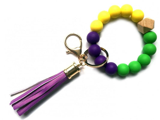 Mardi Gras Silicone beaded tassel wristlet keychain with wood charm  Purple Green Gold  parade ball masquerade