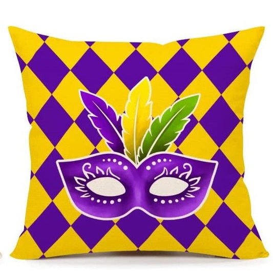 Mardi Gras Pillow Cover for Home Decorations Beads Fleur De Lis Mask HARLEQUIN   purple green gold Decorative Fat Tuesday