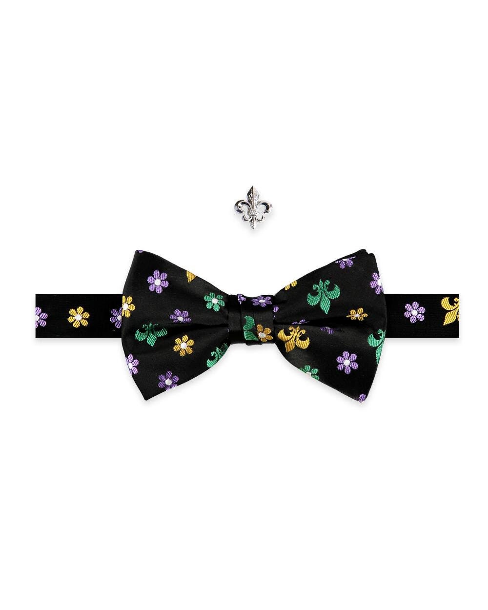 Mardi Gras Patchwork flower Pre-Tied Bow Tie & Fleur De Lis Lapel Pin Ball Masquerade men lady wear