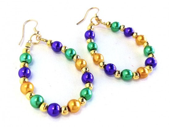 Mardi Gras Pearl Teardrop Gold Hook Earrings parade wear New Orleans