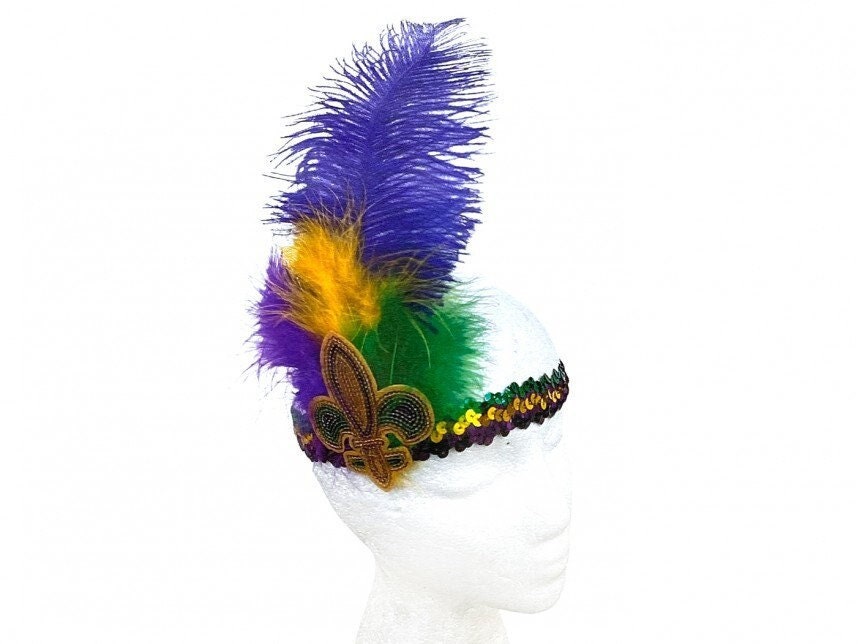 MARDI GRAS FEATHER Elastic Sequin Headband Fleur De Lis Sequin Headband New Orleans