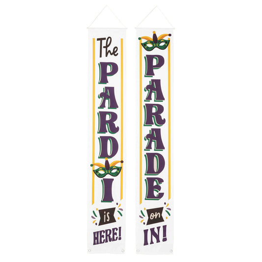 Mardi Gras 6ft x 12in Double Banners, featuring messages “The Pardi Is Here!” “Parade On In!” DécorMardi Gras Decorations New Orleans parade