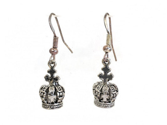 Mardi Gras Silver Small Crown Charm Hook Earrings Parade Masquerade Ball Carnival