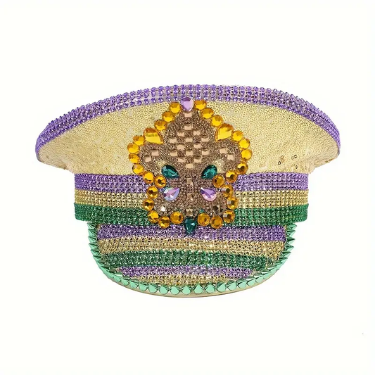 Mardi Gras Conductor Rhinestone Hat/St. Patrick Day Fleur De lis gold Captain Marching Band Drum Major Steampunk parade wear carnival Sequin