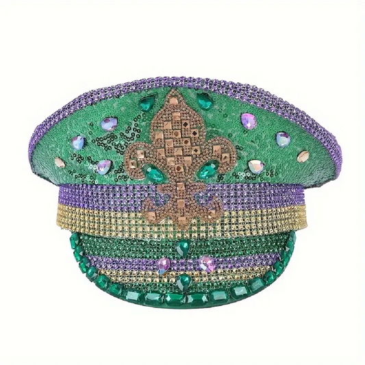 Mardi Gras Conductor Rhinestone Hat / St. Patrick Day Fleur De lis Captain Marching Band Drum Major Steampunk parade wear carnival Sequin