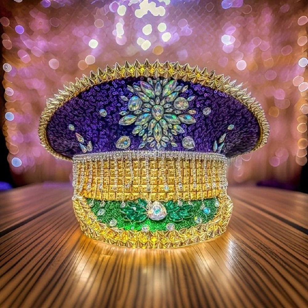 Mardi Gras Conductor Rhinestone Hat / Jazz Fest Captain Marching Band Drum Major Hat Steampunk parade wear carnival Sequin