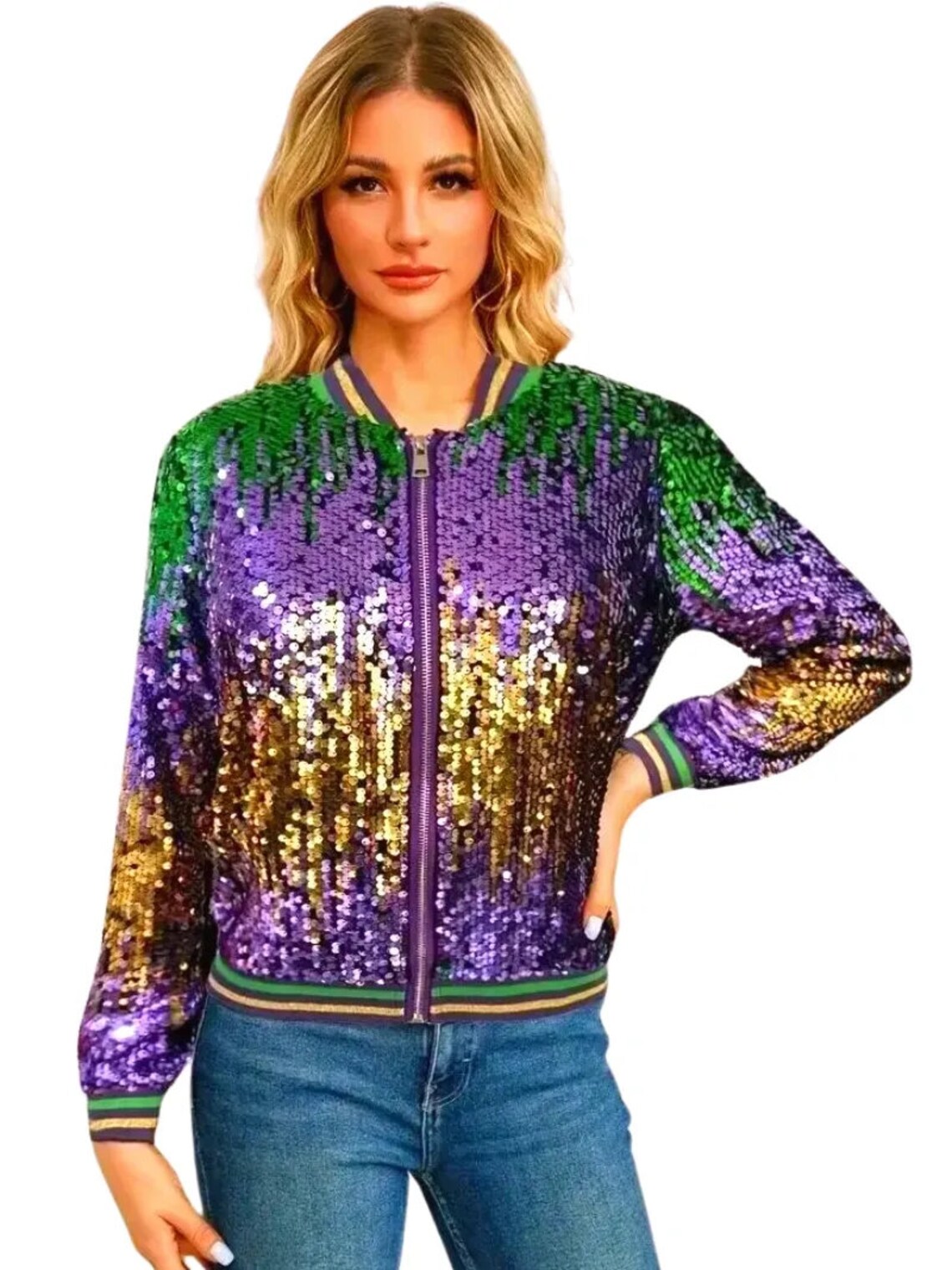 Mardi Gras Sequin Bomber Jacket| SMALL Mardi Gras Tri-Colored Sequin Jacket parade wear