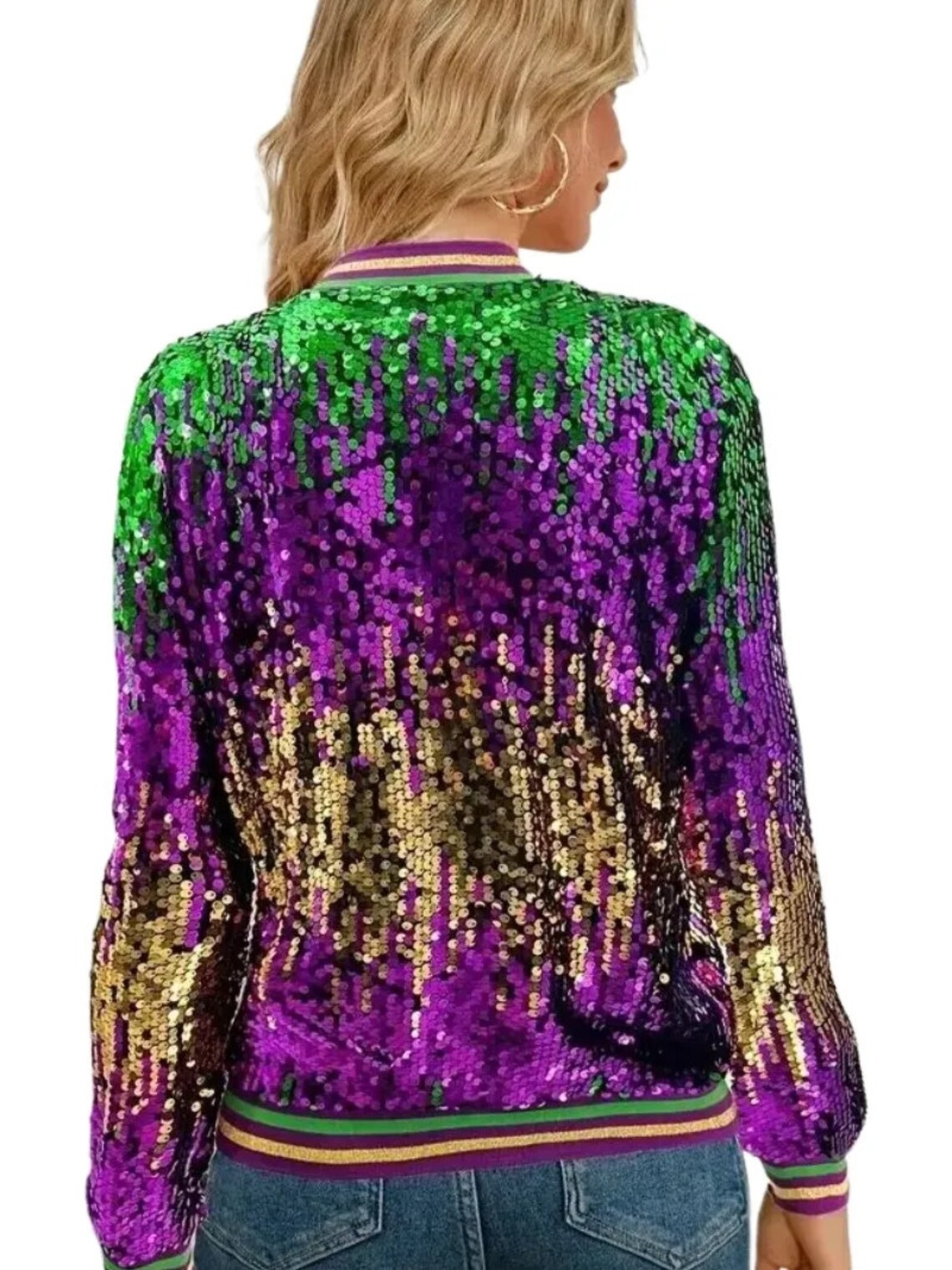 Mardi Gras Sequin Bomber Jacket| SMALL Mardi Gras Tri-Colored Sequin Jacket parade wear