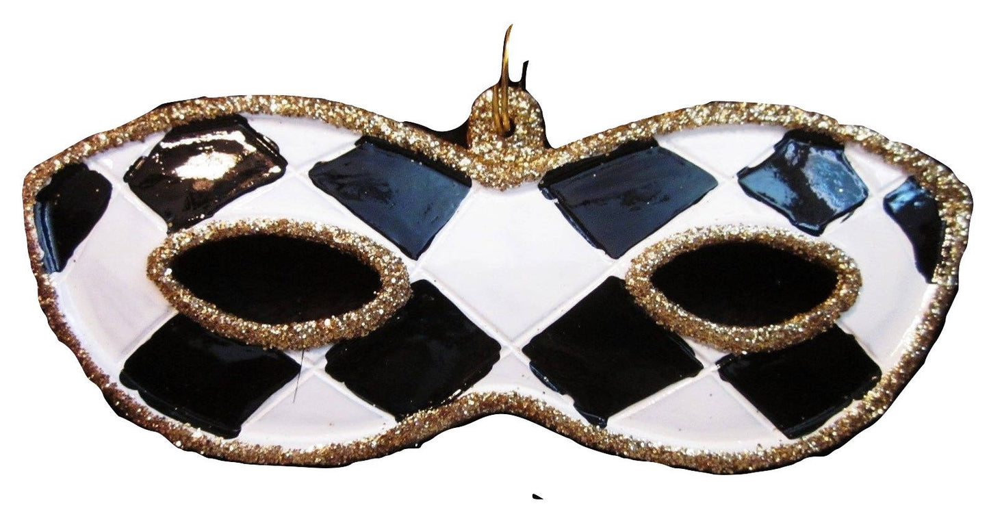 New Orleans Harlequin Mardi Gras Holiday Christmas Tree Ornament Black and White free Gold pouch