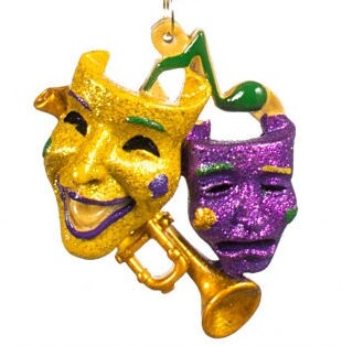 Comedy Tragedy Masks Trumpet Christmas Mardi Gras Jazz Holiday Ornament  New Orleans Cajun Creole Party FREE Gold Pouch