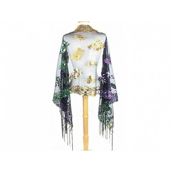 Mardi Gras theme Sequined Shawl Purple Green Gold Fringe Oblong SCARF MASQUERADE COSTUME Sexy table runner tree skirt