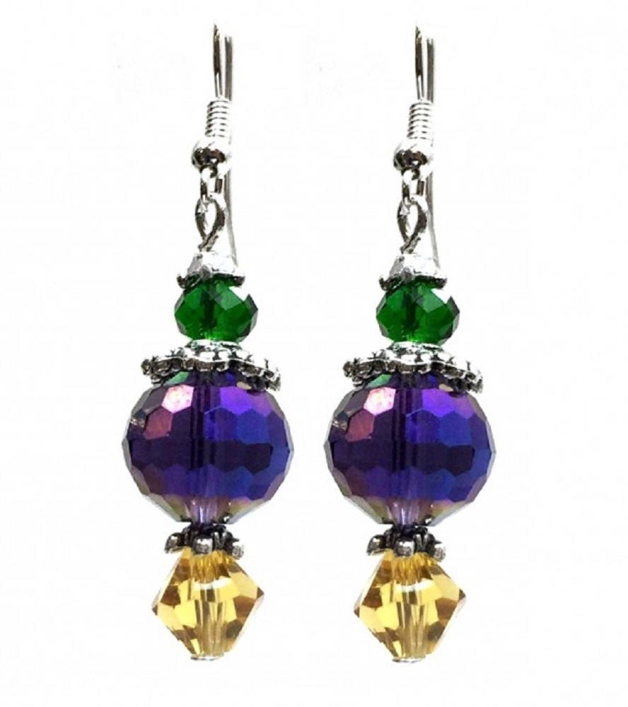 Mardi Gras Color Purple Green Gold Crystal Hook Earrings Carnival Fat Tuesday Masquerade Costume