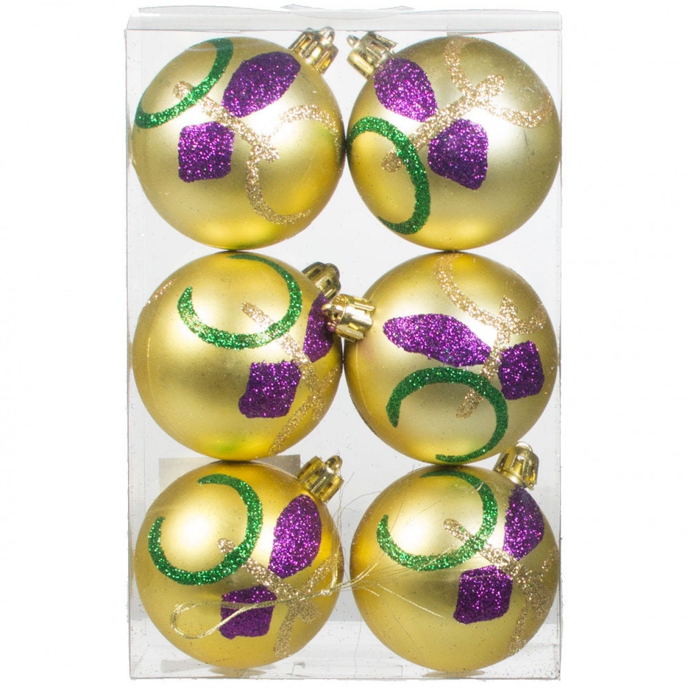 Mardi Gras Purple With Gold Fleur de Lis Ornaments: 3" (Box/2) New Orleans NOLA CAJUN