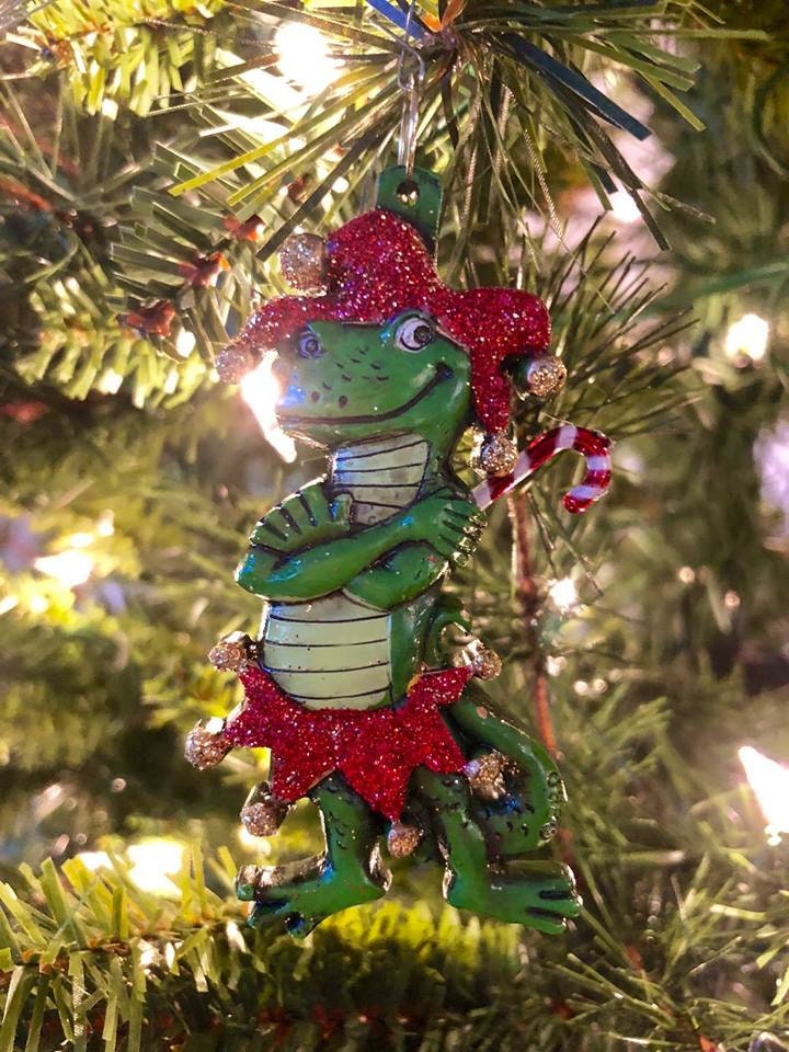 Alligator Jester Bayou Santa Claus Candy Cane Christmas Tree Holiday Ornament Louisiana Cajun Creole Mardi Gras croc Crocodile Gift Box