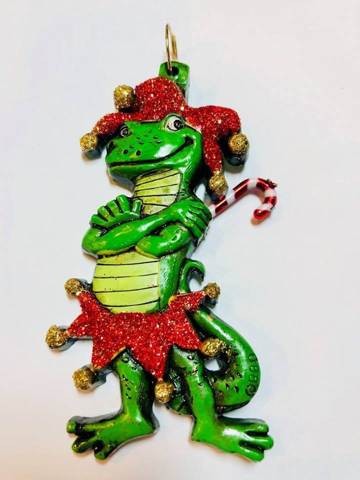 Alligator Jester Bayou Santa Claus Candy Cane Christmas Tree Holiday Ornament Louisiana Cajun Creole Mardi Gras croc Crocodile Gift Box