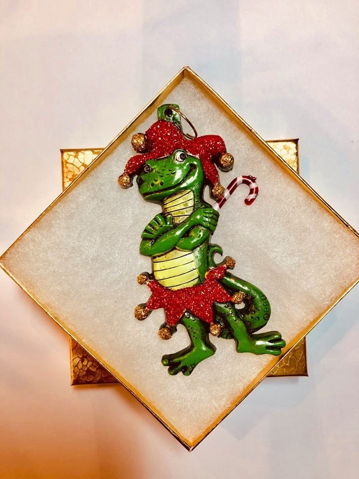 Alligator Jester Bayou Santa Claus Candy Cane Christmas Tree Holiday Ornament Louisiana Cajun Creole Mardi Gras croc Crocodile Gift Box