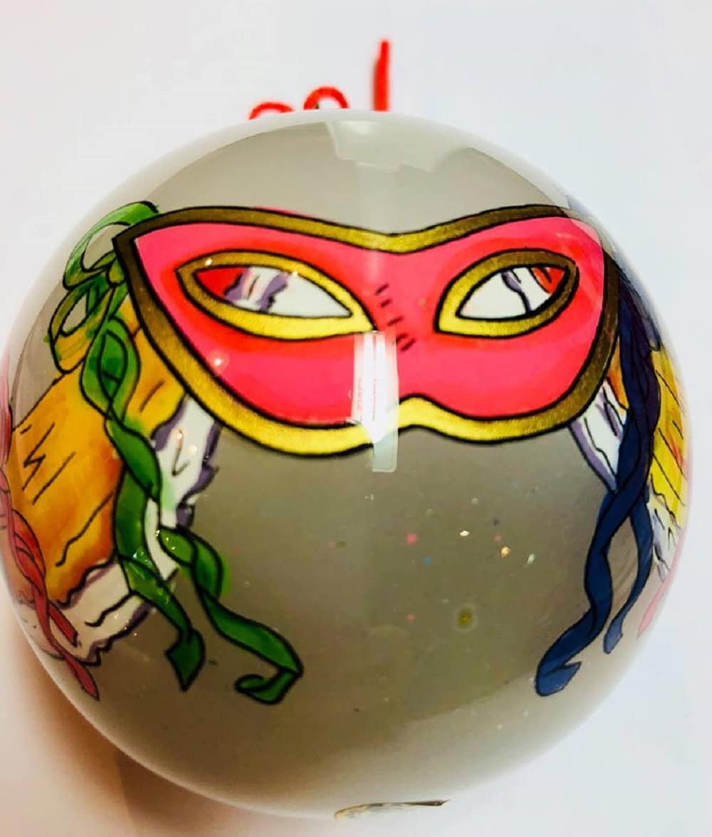 NEW ORLEANS Purple Mardi Gras Mask Ornament Hand Painted Glass Ball Christmas Parade NOLA with Red gift box