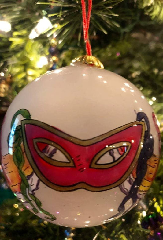 NEW ORLEANS Purple Mardi Gras Mask Ornament Hand Painted Glass Ball Christmas Parade NOLA with Red gift box