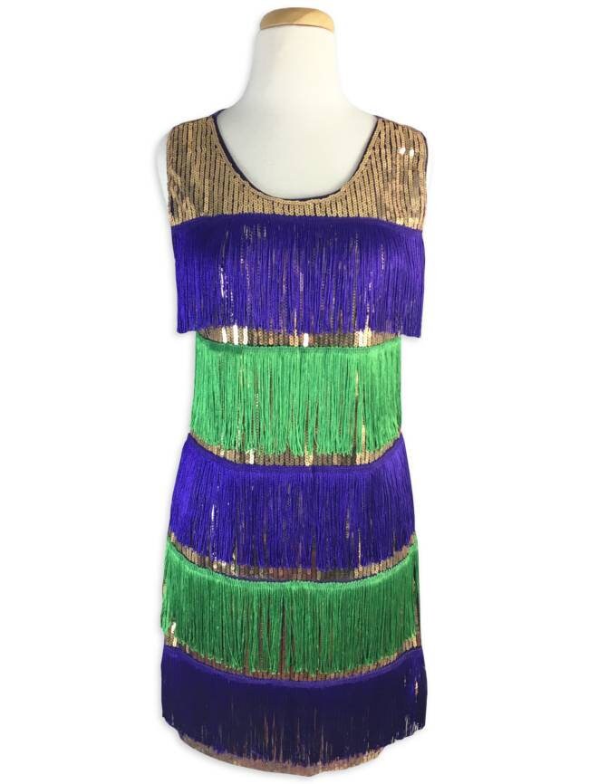 Mardi Gras Stripe Pattern Sequin Flapper LARGE Dress Cocktail Party Ball Masquerade New Orleans Purple green gold