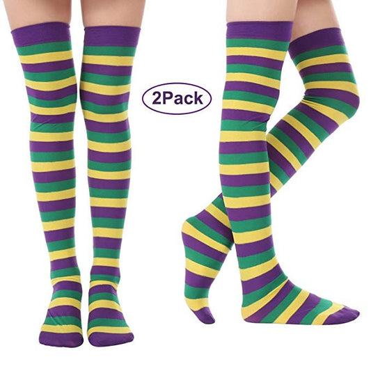 Mardi Gras 2 Pack Women Over Knee Thigh High Striped Stockings Thin Long Costume Socks Tights