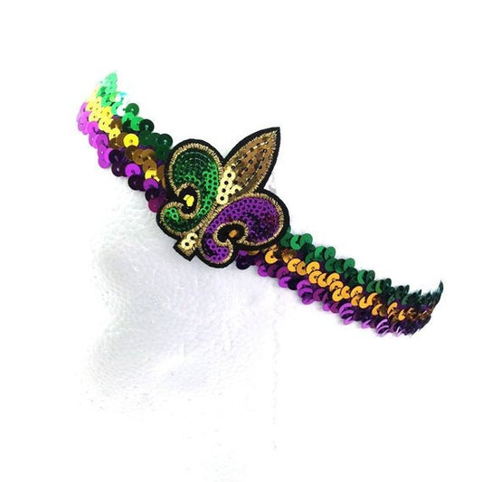 Mardi Gras Stretch Fleur De Lis Headband PURPLE GREEN GOLD  Colored stretch Sequin headband. Cap Hat Band!