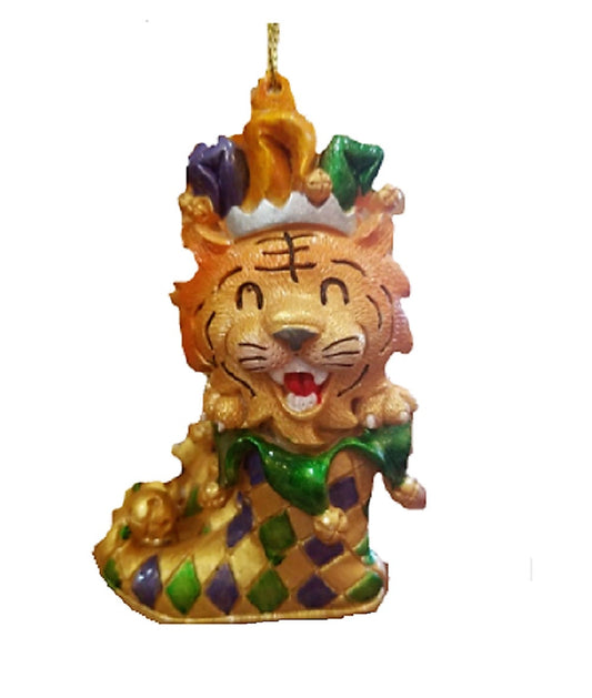 New Orleans Hand Painted Harlequin Jester Mardi Gras King Tiger in boot LSU Tigers Holiday Christmas Tree Ornament with Gold Gift Pouch