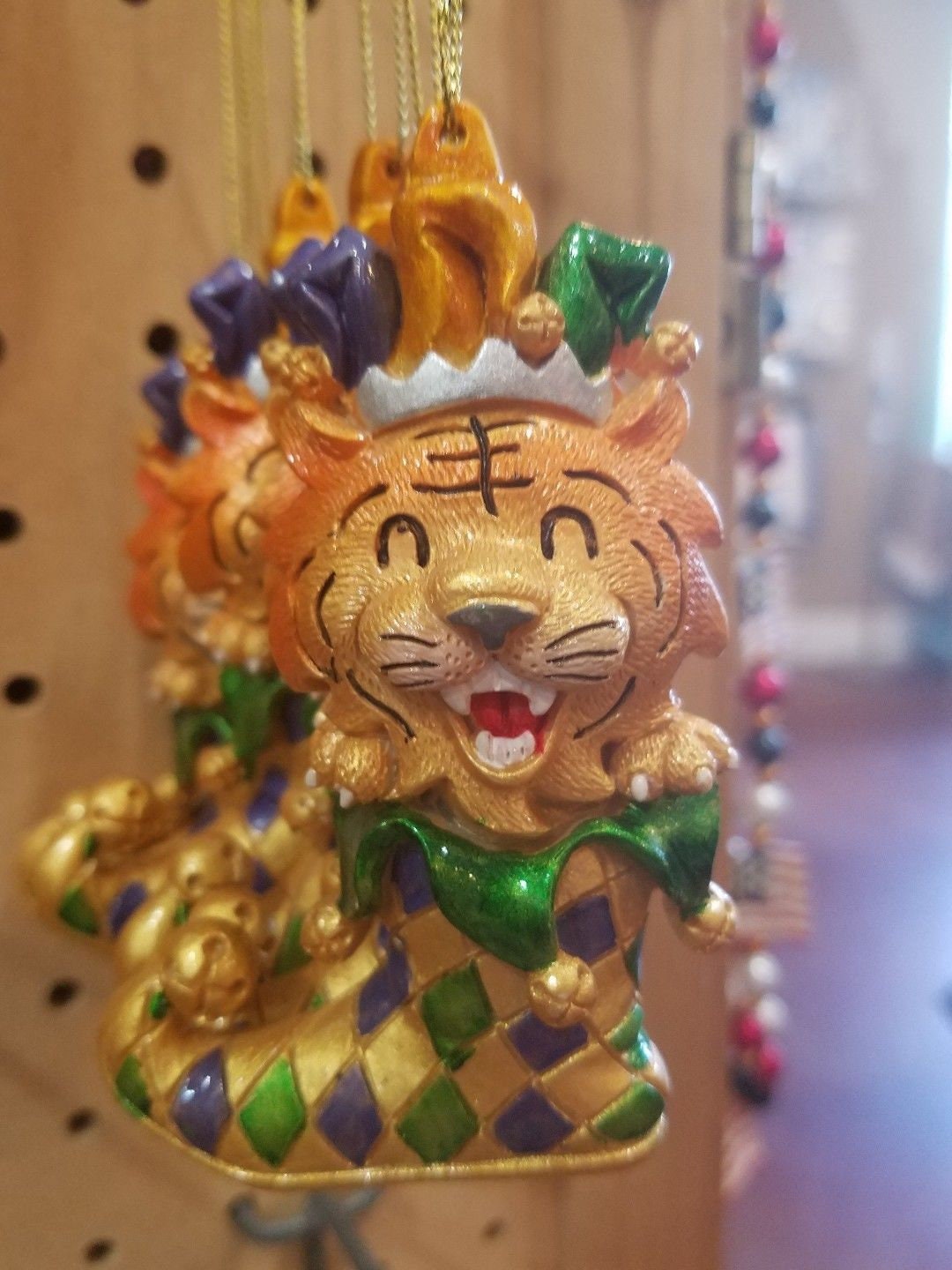 New Orleans Hand Painted Harlequin Jester Mardi Gras King Tiger in boot LSU Tigers Holiday Christmas Tree Ornament with Gold Gift Pouch