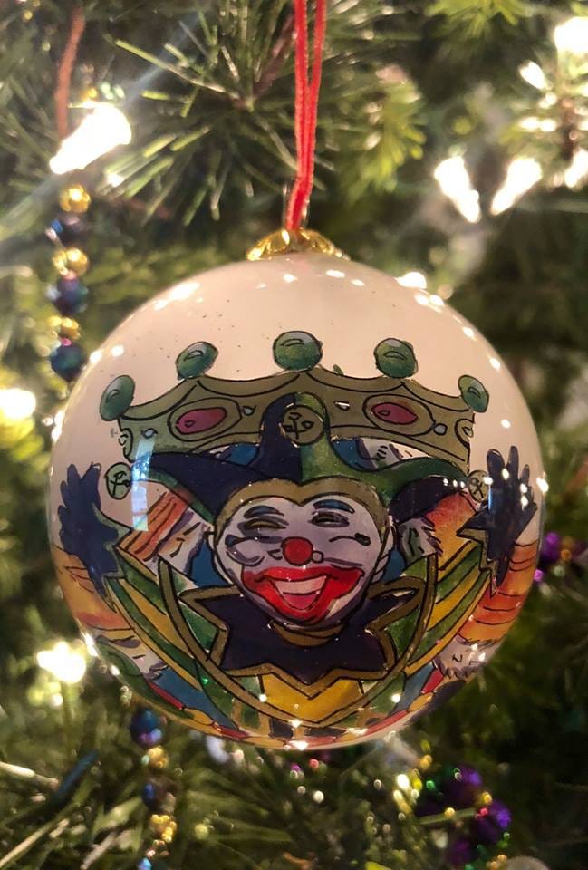 NEW ORLEANS Purple Mardi Gras Mask Ornament Hand Painted Glass Ball Christmas Parade NOLA with Red gift box