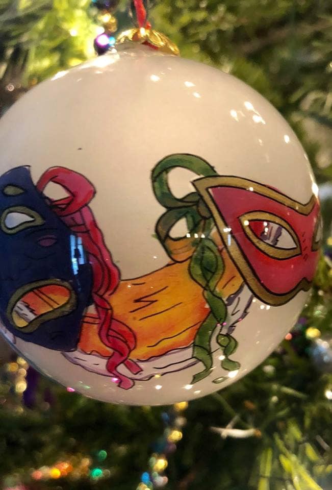 NEW ORLEANS Purple Mardi Gras Mask Ornament Hand Painted Glass Ball Christmas Parade NOLA with Red gift box