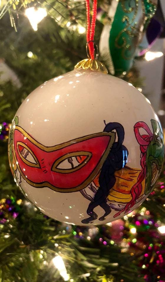 NEW ORLEANS Purple Mardi Gras Mask Ornament Hand Painted Glass Ball Christmas Parade NOLA with Red gift box