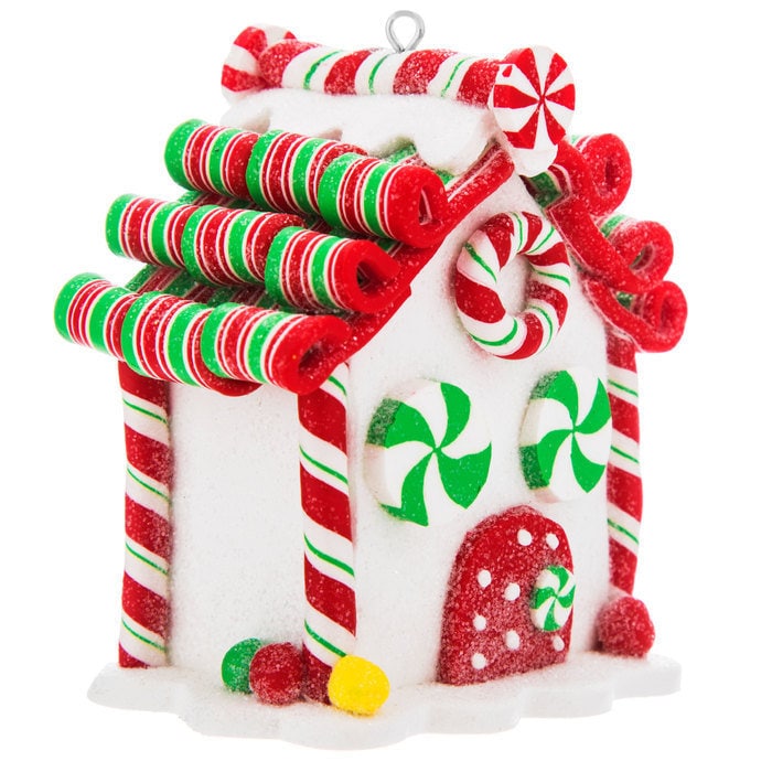 Candy and Pastry Gingerbread House Christmas Tree Holiday Ornament sweets peppermints, candy canes, red ribbon for hanging