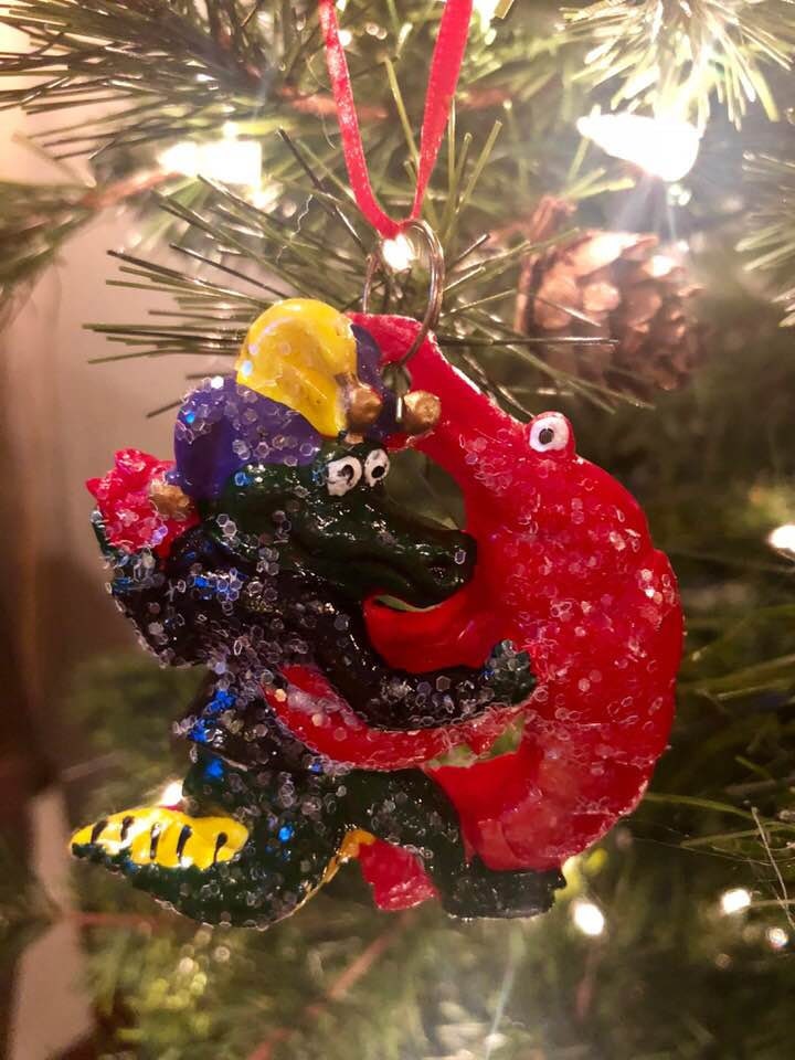 Alligator Crocodile Crawfish Lobster dancing   Bayou Santa Claus Christmas Tree Holiday Ornament Louisiana Party FREE Gold Gift Pouch