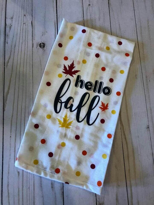 HELLO FALL Tea Kitchen Towel Thanksgiving Autumn Leaves Pumpkins Home Decor
