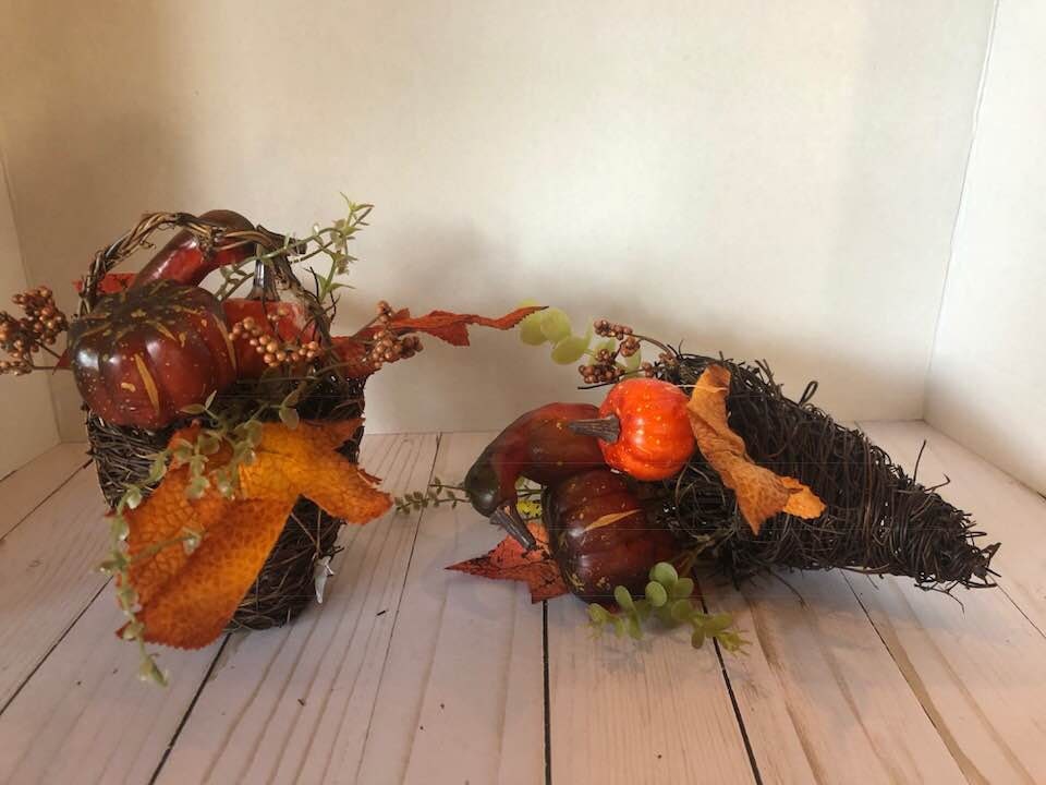 Autumn Harvest Gourds and Maple Leaf Cornucopia & Basket  Decoration (SET OF 2) Pumpkins, Gourds