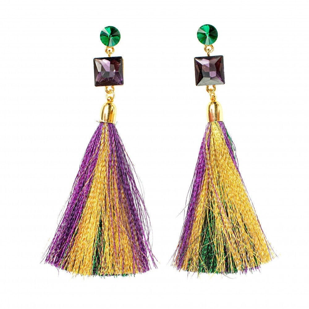 Mardi Gras 4.75" Gem Stone & Tassel Earrings Purple Green Gold Masquerade Ball Costume Parade New Orleans