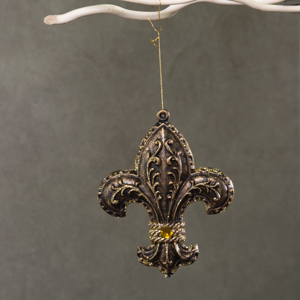 6" Fleur De Lis Glitter Vintage black wash Gold Ornament New Orleans Saints Mardi Gras Holiday Christmas Tree