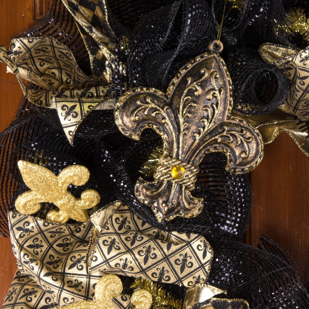 6" Fleur De Lis Glitter Vintage black wash Gold Ornament New Orleans Saints Mardi Gras Holiday Christmas Tree