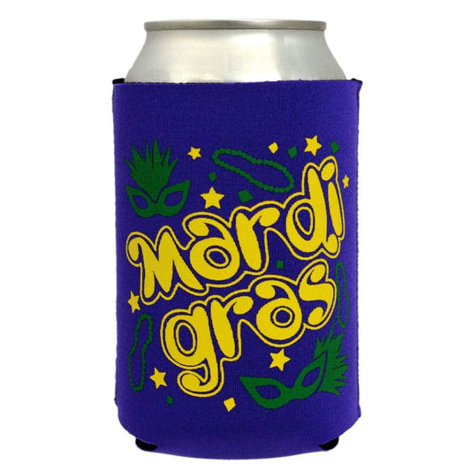 Set of 2 Mardi Gras Beer Can Cooler Carnival Masks, Beads and Confetti in Purple, Green and Yellow. 6-Pack Can Coolies Coolers Multi