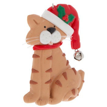 Tan Cat With Santa Hat Ornament