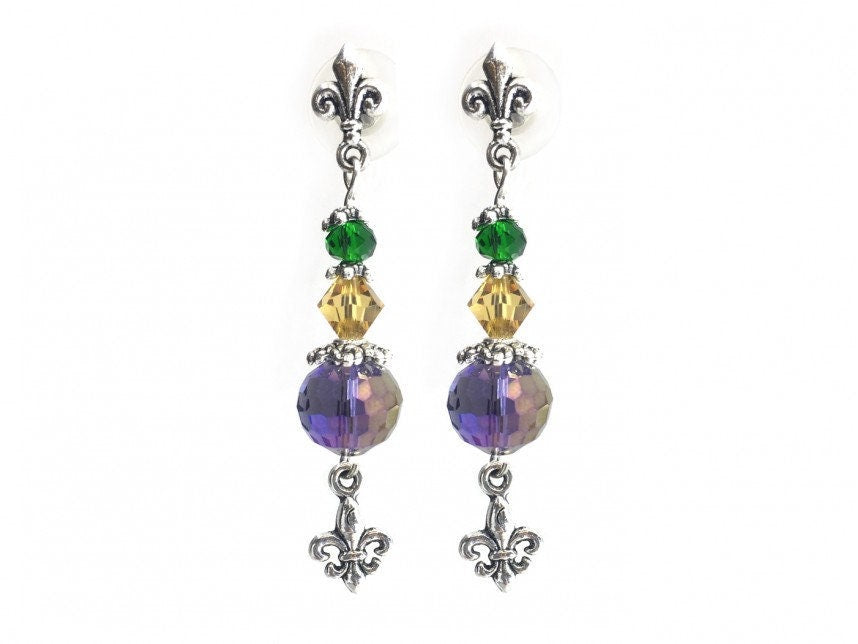 Mardi Gras Fleur 'de Lis Post earrings, Fleur 'de lis 10mm purple , parade, parties, crystal Masquerade Ball