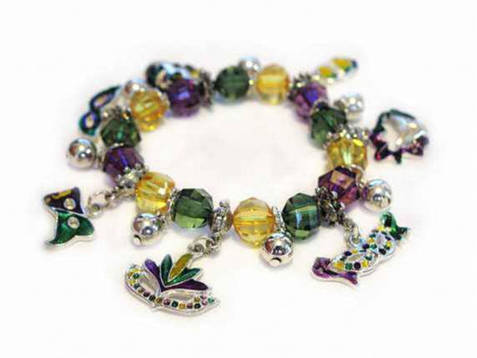 Mardi Gras Theme Charm Stretch Bracelet Jester Mask Fleur De Lis