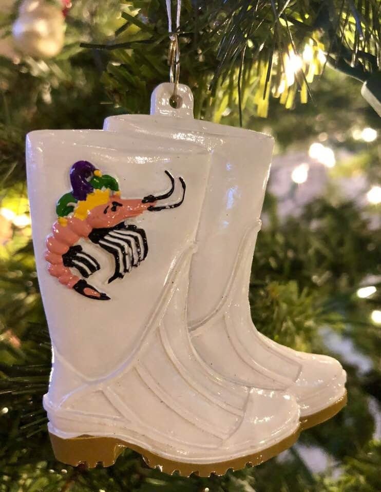 White Shrimp Boots boot Christmas Tree Ornament New Orleans Louisiana Cajun Creole Shrimp Boil Bag Jester Mardi Gras