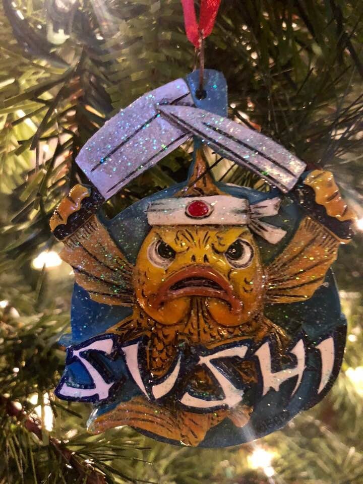 Sushi Samurai Japan Fish Tree Ornament Christmas Ornament Sashimi Nigiri gold gift bag