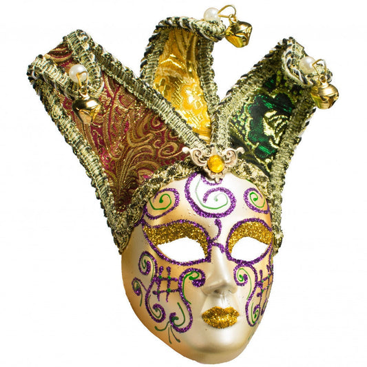 6"  Mardi Gras Venetian Mask Ornament With Fabric Hat lamé with gold jingle bells Christmas Holiday ornament Decor Decoration