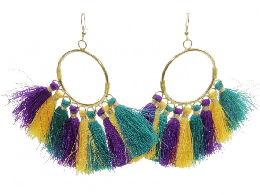 Mardi Gras Tassel Hoop Hook Earrings