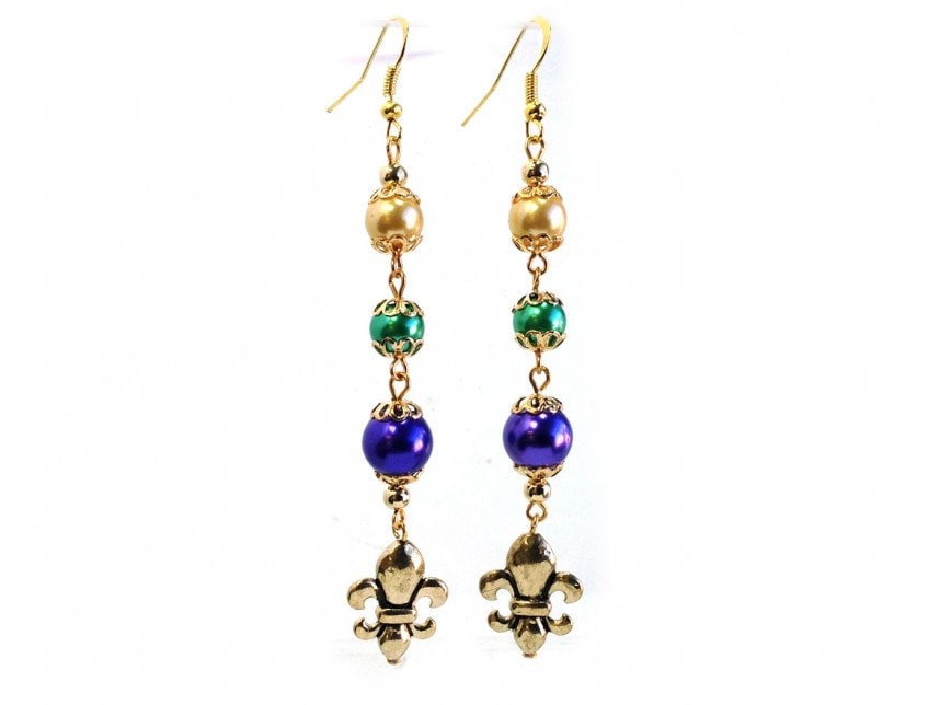 Mardi Gras Colored Glass  Pearl Fleur De Lis  Hook Earrings Purple Green Gold Parade Masquerade Ball New Orleans Fat Tuesday Carnival