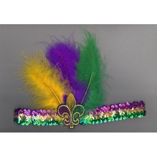 Mardi Gras Sequin Headband Plus Fingerless fishnet gloves Fleur de lis earrings Mardi Gras Beads Parade Wear party